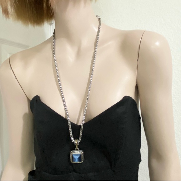 Unsigned Silver-tone Spiga Wheat Chain with Blue Stone Pendant  30” Necklace - Picture 2 of 14